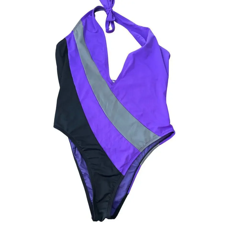 ICON Swim Purple High-Cut Cheeky Plunge Halter One-Piece Swimsuit Size XXL